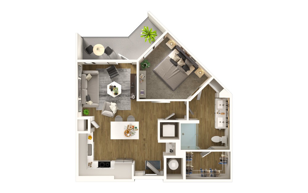 A1 - 1 bedroom floorplan layout with 1 bath and 687 square feet.
