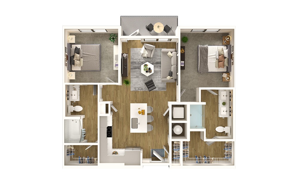 B1 - 2 bedroom floorplan layout with 2 baths and 1036 square feet.