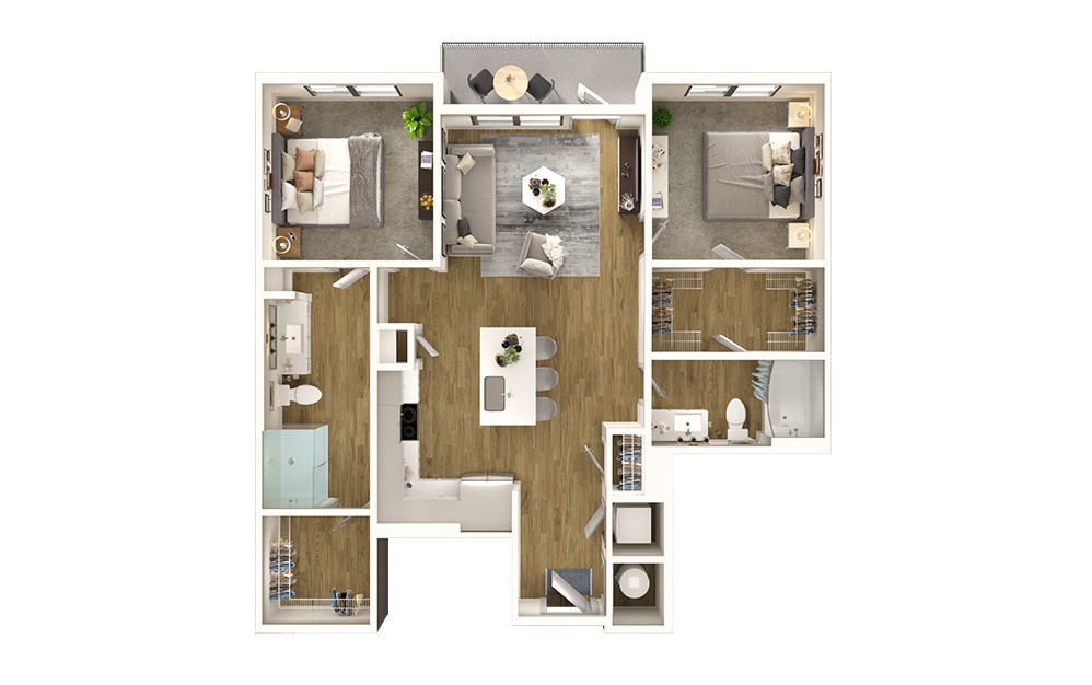 B2 - 2 bedroom floorplan layout with 2 baths and 1071 square feet.