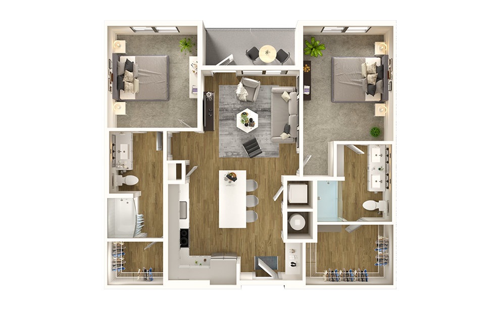 B3 - 2 bedroom floorplan layout with 2 baths and 1119 to 1185 square feet.