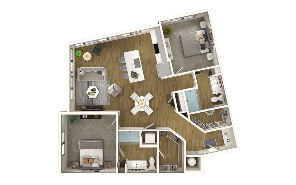 B4 - 2 bedroom floorplan layout with 2 baths and 1275 square feet.