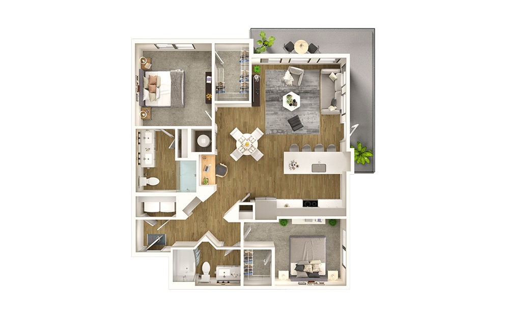 B6 - 2 bedroom floorplan layout with 2 baths and 1238 square feet.