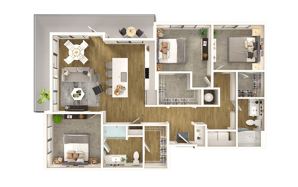 C1 - 3 bedroom floorplan layout with 2 baths and 1400 to 1644 square feet.