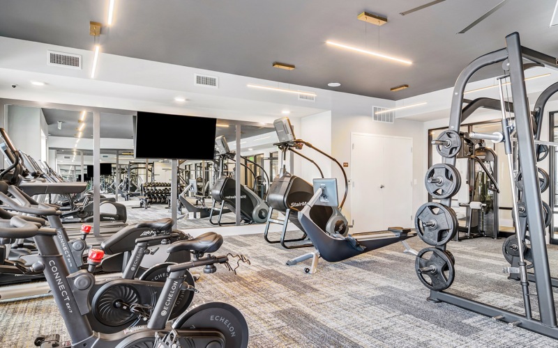 Cardio equipment inside resident fitness center