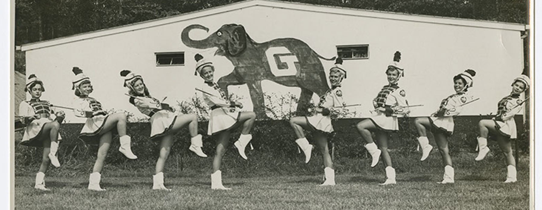 Black and white photo of cheerleaders at Gainesville High school